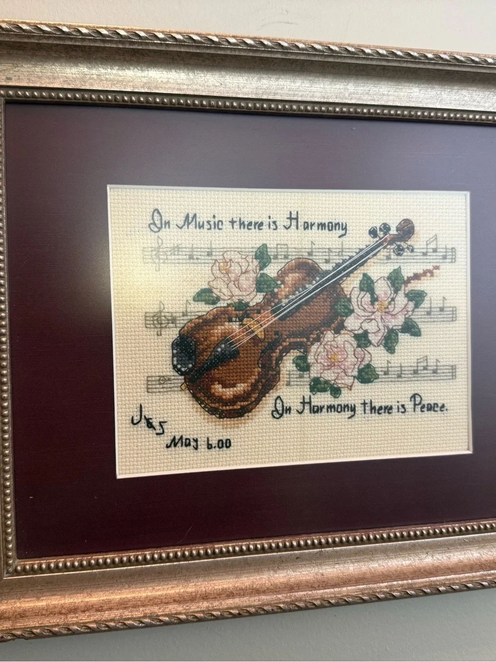 Framed Violin Cross-Stitch Wall Art - Brown
